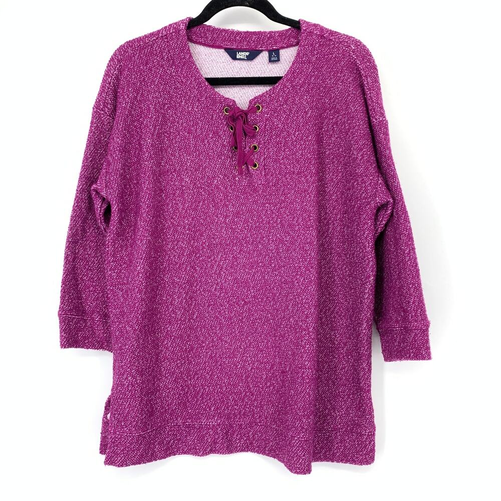 Lands End Pullover 3/4 Sleeve Lace Up Neckline Womens Size Large Purple Knit